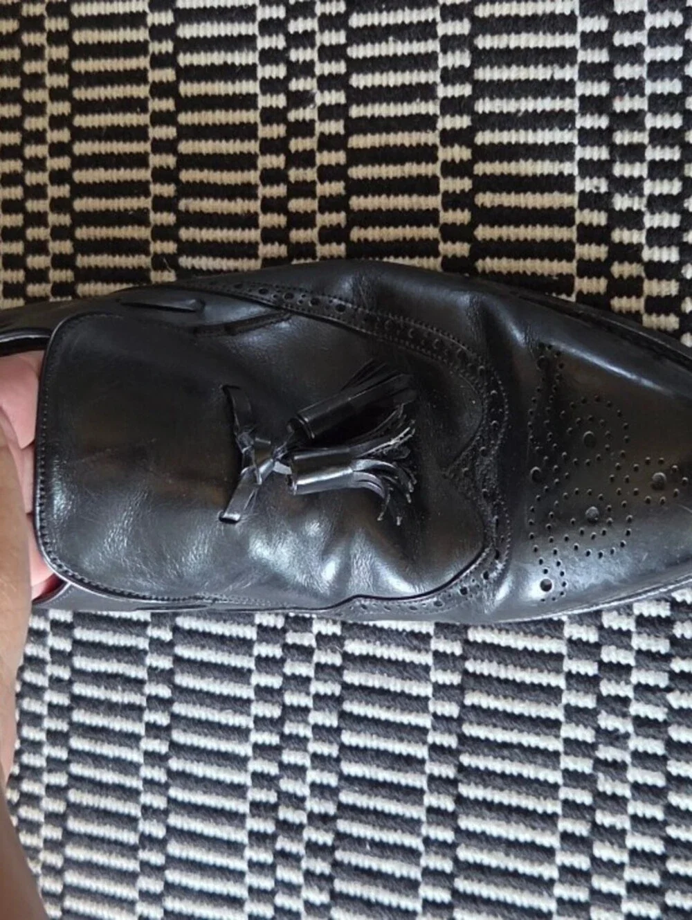 French Shriner Sterling Mens 11 E Black Leather Wingtip Tassel Slip-on Loafers